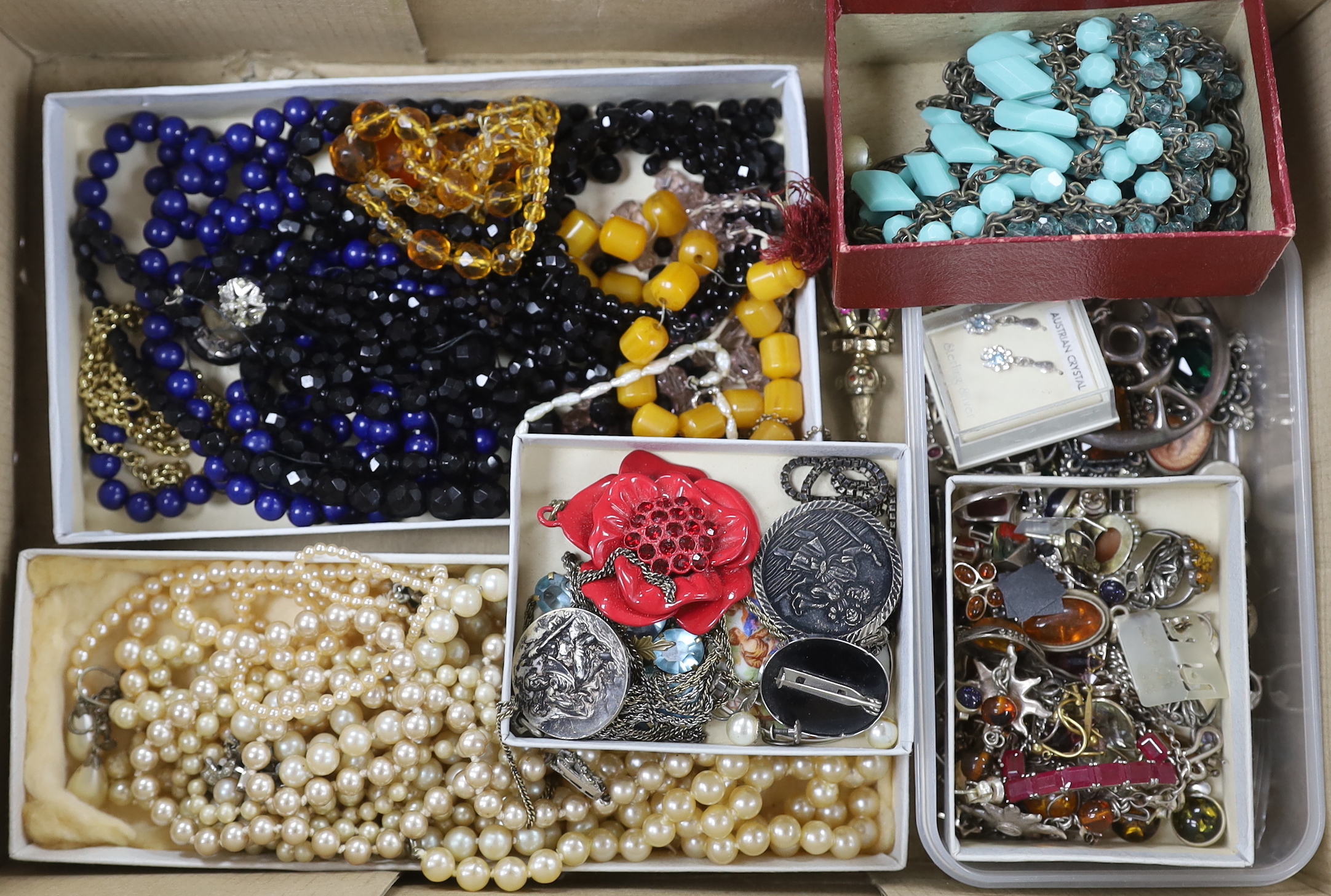 A quantity of assorted mainly costume jewellery including silver gilt and paste set articulated clown pendant on chain, etc.